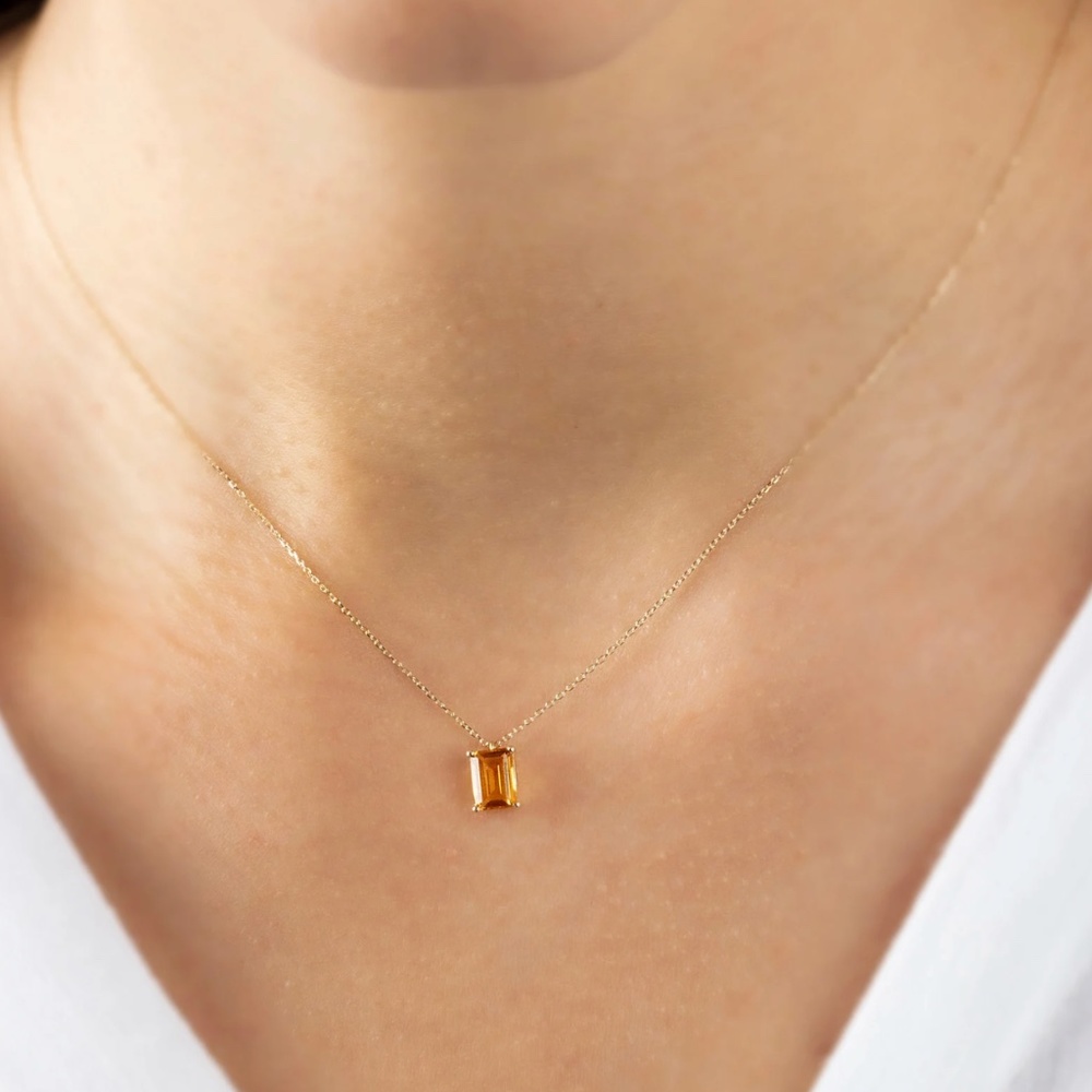 14K Solid Gold Rectangle Citrine Necklace